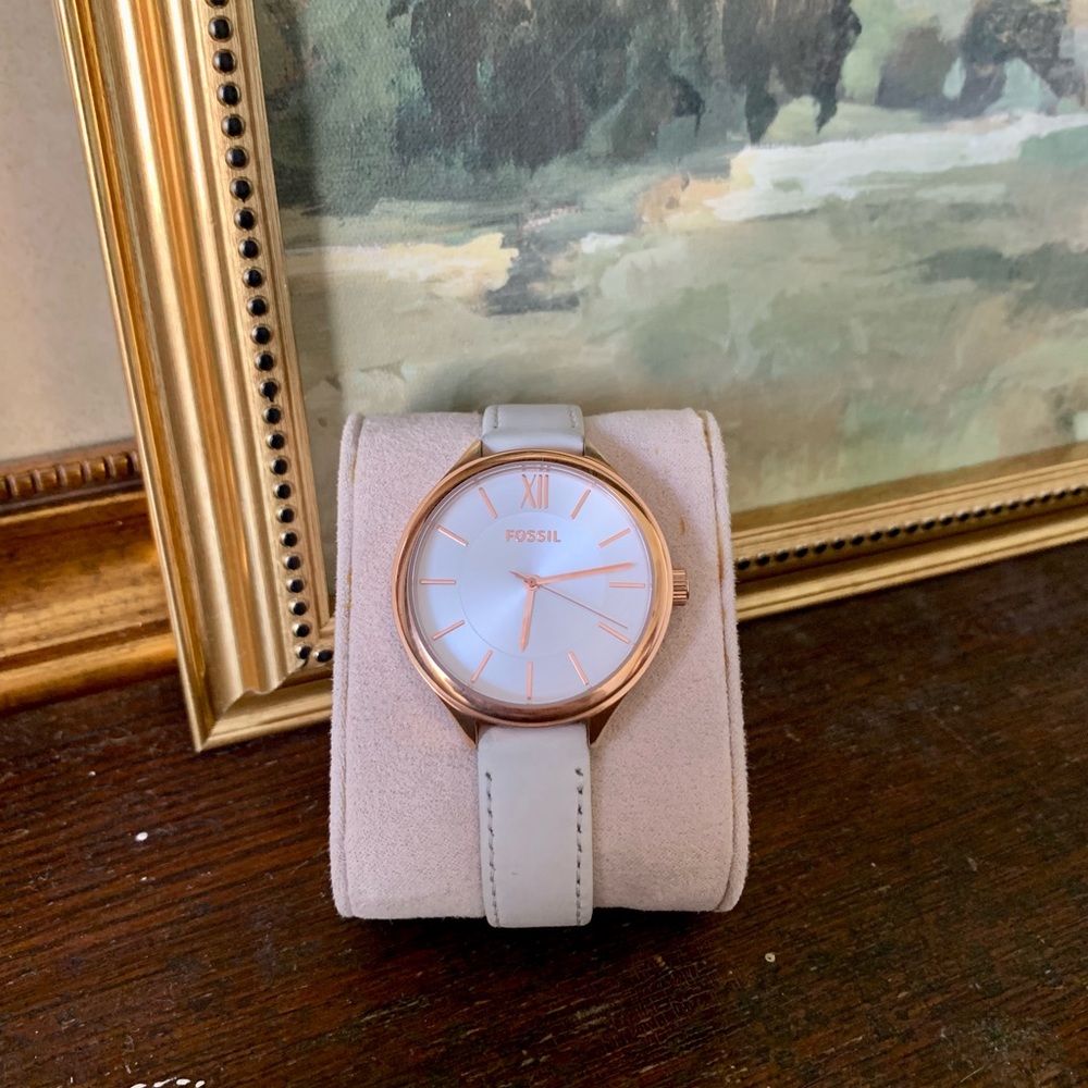 Fossil Rose Gold Leather Watch, Quartz Pearl Dial